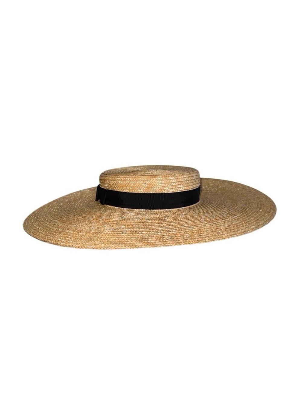 Grosgrain Kate Wide Brim Saucer Boater Straw Hat Black Ribbon Made in Japan